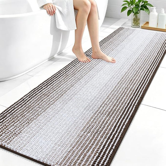 OLANLY Bathroom Runner Rugs 70x24, Soft Chenille Striped Bath Rugs, Brown | Extra Absorbent, Rubber Backing, Machine Wash Dry, Bath Mats for Bathroom Floor, Tub and Shower, Home Decor Accessories