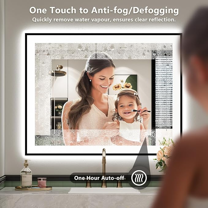 40x30 Inch LED Bathroom Mirror with Lights (Front Lit and Backlit) Black Framed Lighted Vanity Mirror for Bathroom Wall Dimmable Anti-Fog Memory Tempered Glass Horizontal/Vertical