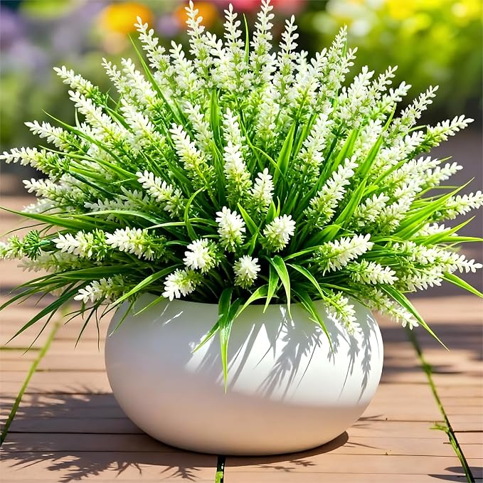 Geegoods 24 Bundles White Artificial Plants Flowers Outdoor, UV Resistant | Faux Plants with Monkey Grass, Realistic Plastic Flowers for Garden Porch Window Box Patio Hanging Planter Decor