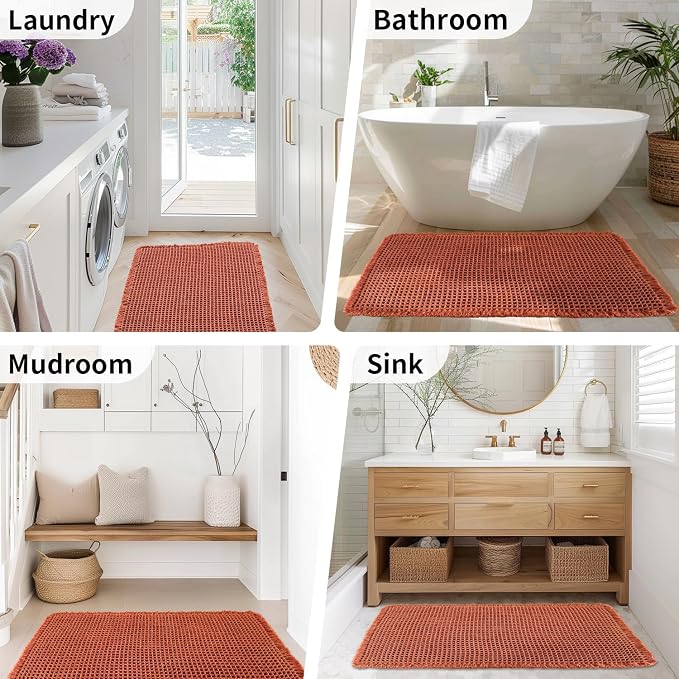 Burnt Orange Bathroom Rug, Fall Waffle Bath Mat Runner, 24" x 72" | Super Absorbent Quick Dry Bath Runner, Washable Waffle Weave, Non Slip Boho Farmhouse Bathroom Fall Decor for Sink or Tub