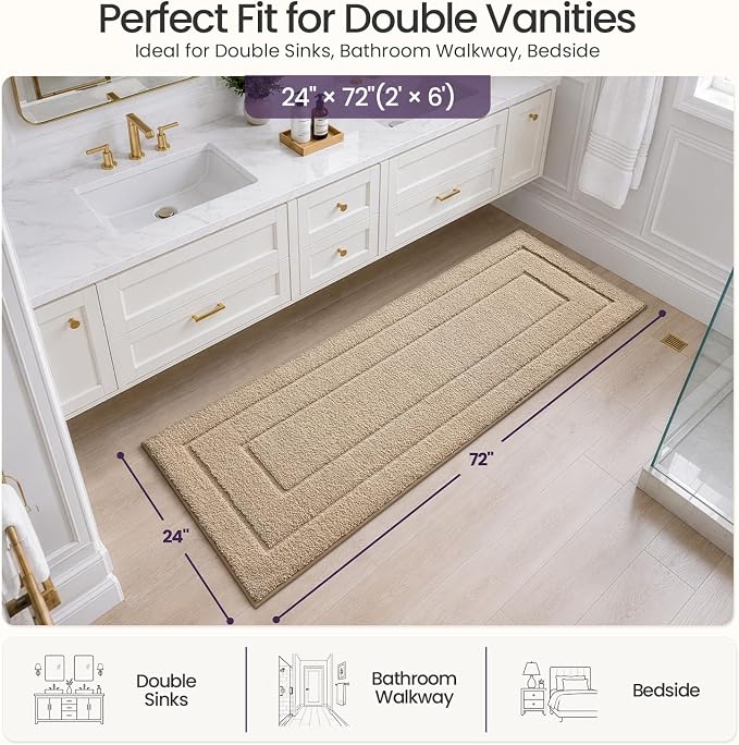 DEXI Bathroom Runner Rugs 72x24, Non-Slip and Absorbent Bath Mat, Beige | Machine Washable, Soft Plush Microfiber Bathmat with Rubber Back, Quick Dry Extra Long Rug for Shower, Tub, Sink