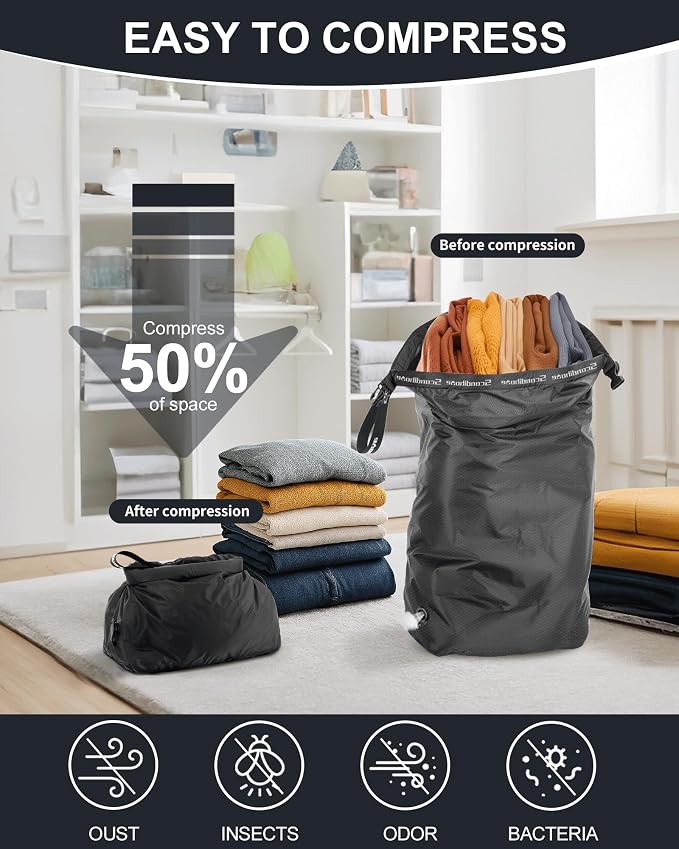 Travel Laundry Bag, Pump-free Vacuum Compression Dirty Clothes Bag, Large Reusable Waterproof & Washable Laundry Bag, Wet and Dry Bag, Ideal for Suitcases, Cruise Essentials (1 Pack) Black