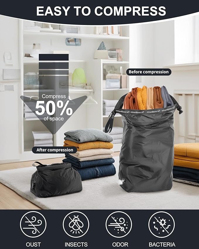 Travel Laundry Bag, Pump-Free Vacuum Compression Dirty Clothes Bag, Small Reusable Waterproof & Washable Laundry Bag, Wet and Dry Bag, Ideal for Suitcases, Road Trip Essentials (1 Pack) Black