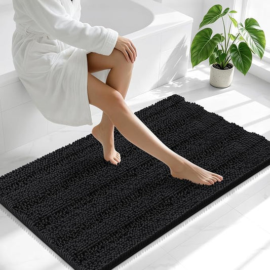 Smiry Thick Chenille Large Bathroom Runner Rugs 45x27, Soft Bath Mat, Black | Quick‑Dry & Machine Washable, Non‑Slip Bath Carpet, Striped Bath Rugs for Tub & Shower, Modern Home Decor Accessories