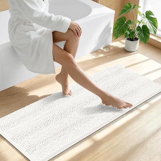 Smiry Thick Chenille Bathroom Runner Rugs 44x24, Absorbent Bath Mat, Ivory | Quick‑Dry & Machine Washable, Non‑Slip Bath Carpet, Soft Striped Bath Rugs for Tub & Shower, Modern Home Decor Accessories