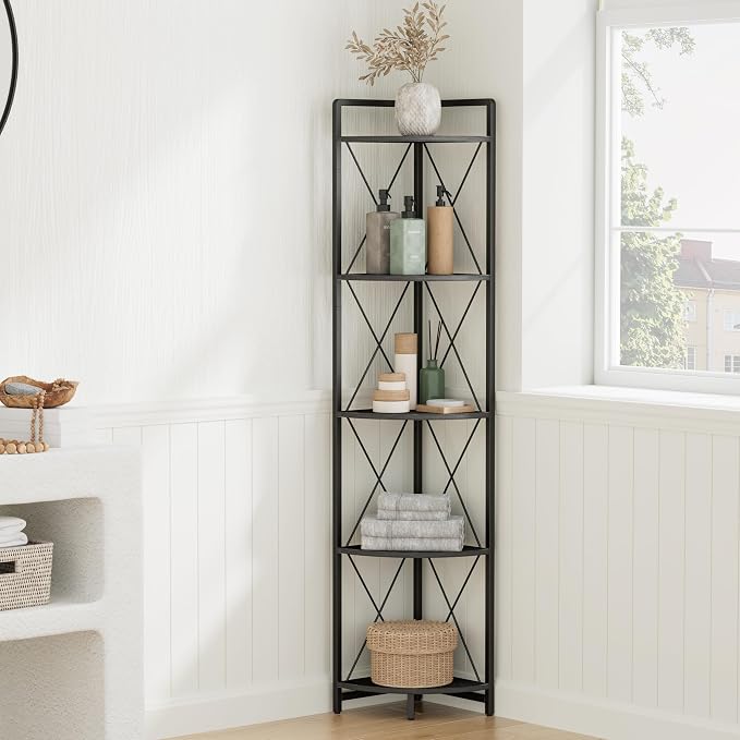 5 Tier Corner Shelf Stand, 64" H Tall Corner Bookshelf, Black | Industrial Metal Corner Shelf for Living Room Decor, Plant Stand Display Shelf for Bedroom, Bathroom, Small Spaces