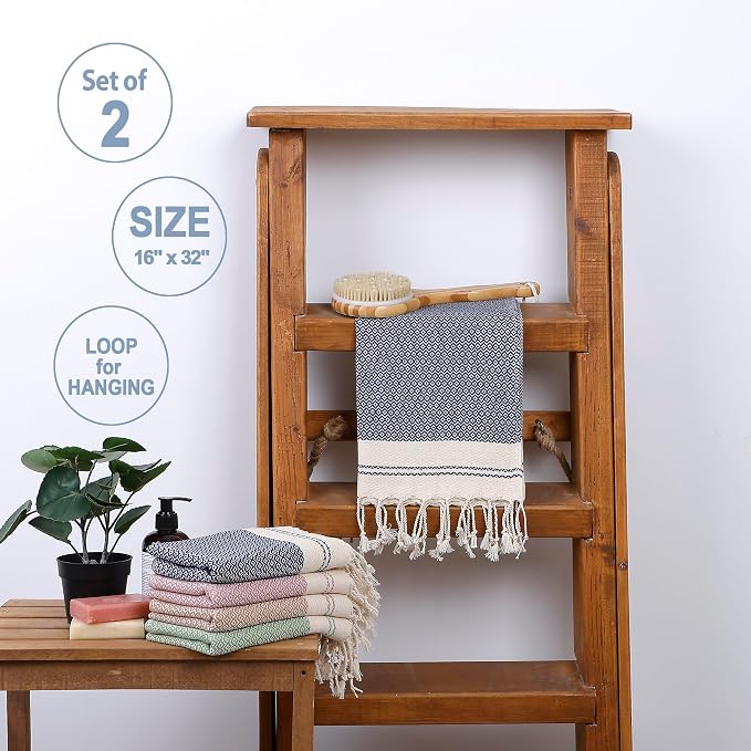 Evelynen Turkish Hand Towels for Bathroom & Kitchen Towels Decorative Set of 2 | Boho Farmhouse Hand Towels with Hanging Loops for Face, Tea, Dish, Kitchen & Bath | (16" x 32" - Navy Blue)
