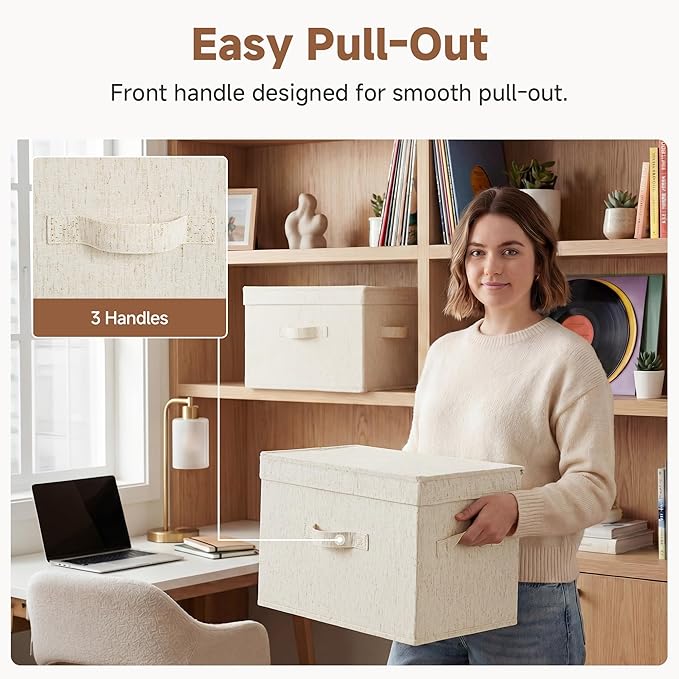 StorageWorks Fabric Storage Bins with Lids, Large Closet Storage Bins | Flip-Top Lid, 3 Handles, Collapsible, Stackable, for Clothes Blankets, Multi-Purpose, Large, Rustic Linen, 2-Pack