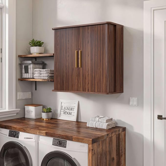 FIMELLO 29.5" W Bathroom Wall Cabinet, Laundry Room Cabinets Wall Mounted with Sliding Tambour Door, Kitchen Wall Cabinet, Floating Cabinet for Wall, Upper Cabinets, Brown Walnut
