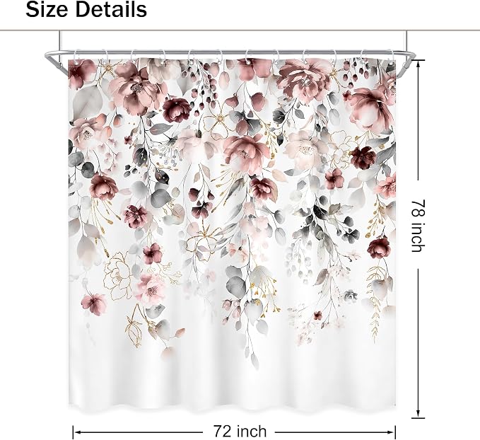 Extra Long Floral Grey Pink Leaves Bathroom Shower Curtain Set | 72"W x 78"L Flower Blossom style, clear shower print, fast-dry fabric and hooks for a simple bath update.
