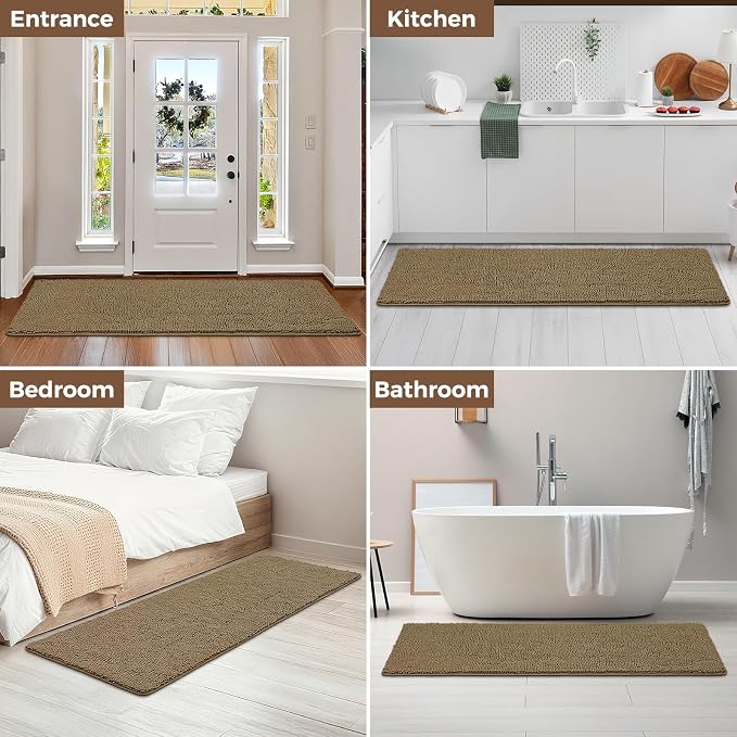 Bcoimo Bath Rug Mat,70x24 Chenille Non Slip Tan Long Bathroom Runner Rugs | Extra Soft Bathroom Floor Mats;Non Slip with Rubber Back Bath Mats;High Absorbent, Quick Dry Microfiber mat; Machine Washable
