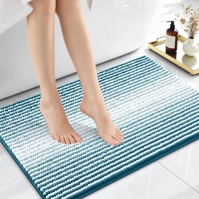OLANLY Small Bathroom Rugs 24x16, Chenille Striped Bath Rugs, Peacock Blue | Extra Soft Absorbent, Rubber Backing, Machine Wash Dry, Bath Mats for Bathroom Floor, Tub and Shower, Home Decor Accessories