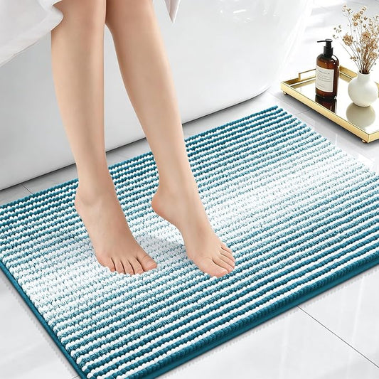 OLANLY Small Bathroom Rugs 24x16, Chenille Striped Bath Rugs, Peacock Blue | Extra Soft Absorbent, Rubber Backing, Machine Wash Dry, Bath Mats for Bathroom Floor, Tub and Shower, Home Decor Accessories