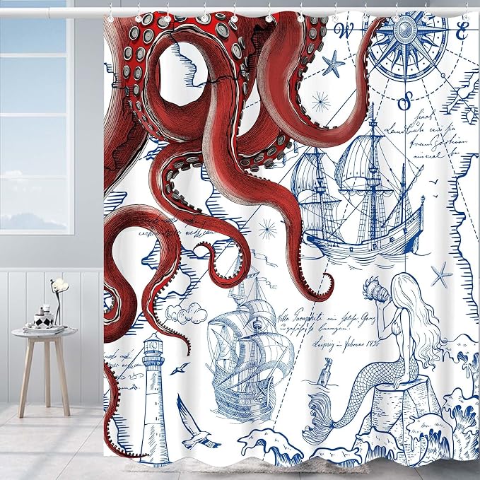 Fungarth 84 Inch Extra Long Red Nautical Octopus Shower Curtain Navy Blue Mermaid Funny Ocean Kraken Shower Curtains for Bathroom Anchor Coastal Map Waterproof Fabric Bath Curtain (Red, 72” x 84”)