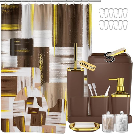 XLHOMO Bathroom Set - Brown Bathroom Accessories Set, Bathroom Sets with Shower Curtain and Rugs, Brown Shower Curtain Set with Bathroom Trash Can, Soap Dispenser, Soap Dish for Home Decor