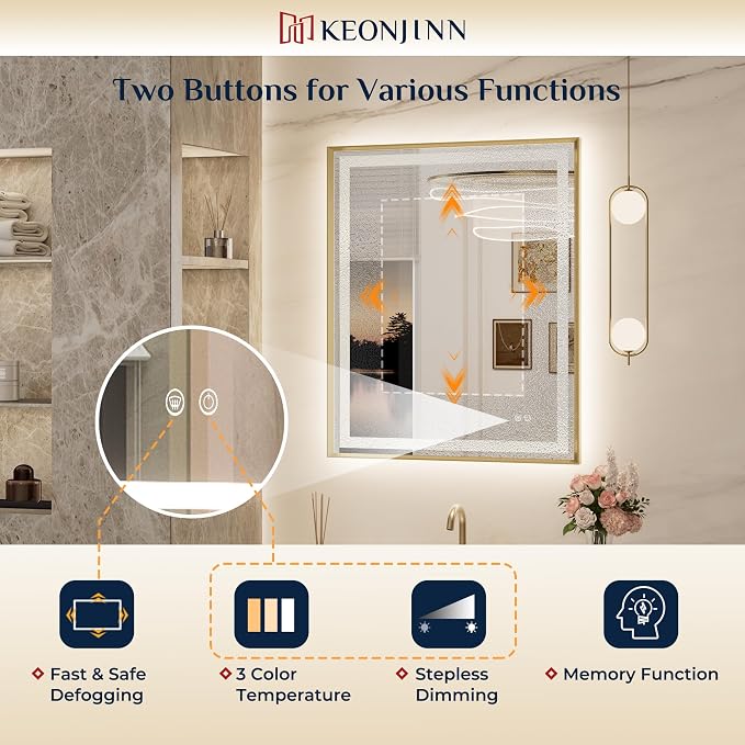 Keonjinn 42x36 Inch Gold LED Bathroom Mirror with Lights, Beveled Edge | Frontlit & Backlit, Lighted Bathroom Mirror, HD Tempered Glass, 3 Color Temperatures, Anti-fog, Stepless Dimmable