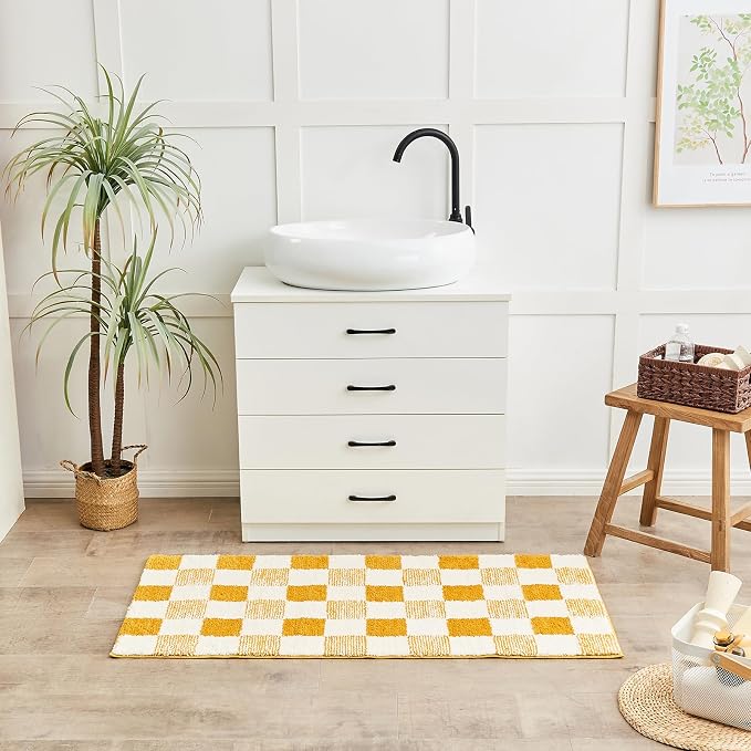 CozeCube Harvest Gold Checkered Bath Mat 47"x24" Non Slip Washable Rug | For Bathroom Non Slip, Fluffy Absorbent Microfiber Bath Mats Machine Wash, Stylish Long Aesthetic Bathroom Rugs
