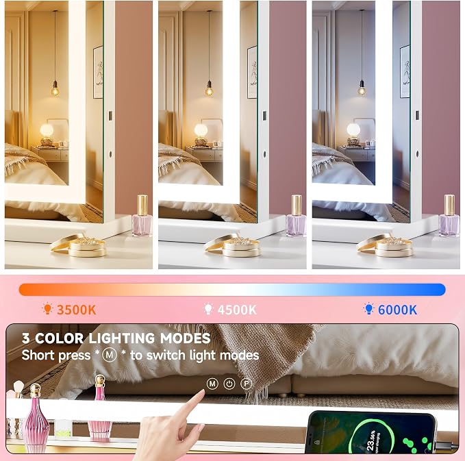 Vanity Mirror with Lights, 28" x 20" LED Makeup Mirror with 10X Magnification, Dimmable 3 Modes, Memory Function, Smart Touch, USB Charging Port, Lighted Makeup Mirror Square White