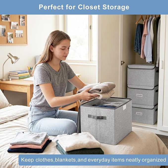 Linen Fabric Foldable Storage Cube Bin Organizer Basket with Flip-Top Lid & Handles, Large Clothes Blanket Box for Home, Office, Closet, Light Gray, 4 Pack 14.6 x 9.5 x 9.5”