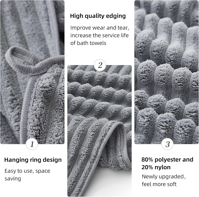 6 Piece Bath Towel Set, 40"x80" Oversized Bath Sheets, Grey | Microfiber, Quick Dry, Highly Absorbent, Towels for Bathroom, 2 Extra Large Bath Towels, 2 Soft Hand Towels, 2 Washcloths