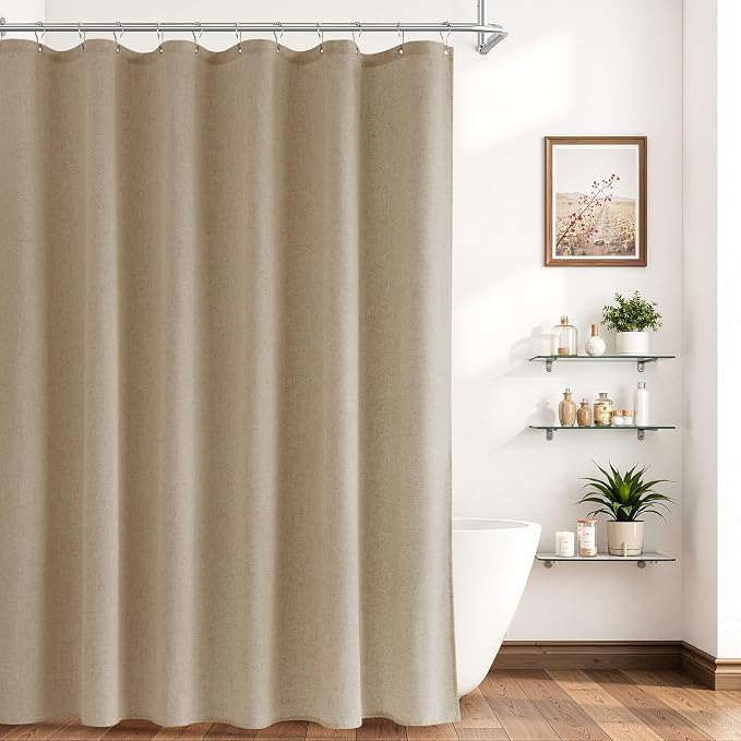 Linen Shower Curtain 72 Inch Long for Bathroom Boho Farmhouse Fabric Shower Curtains Set with Hooks Neutral Cloth Modern Cottage Core Waterproof 72x72,Eggshell Beige