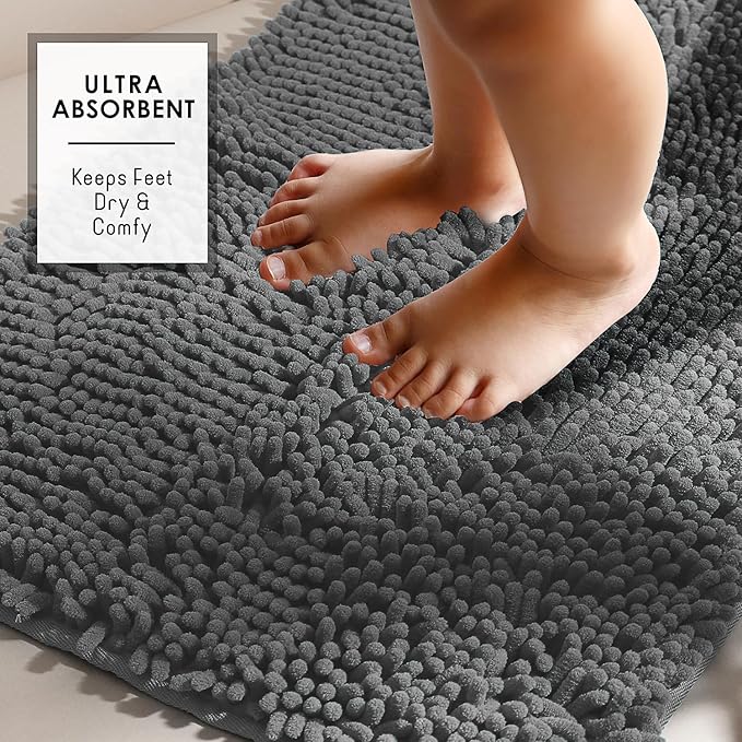 Hearth & Harbor Bathroom Rugs, Chenille Bath Mat - Machine Washable Bath Mats for Bathroom Non-Slip Backing Rubber, Quick Dry Mat - Grey Bath Rug, 17x24-20x32-20x24