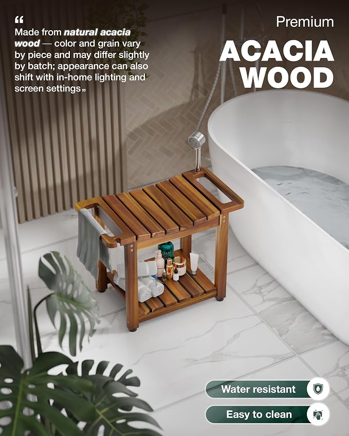 Bluewest 23.4 Inch Shower Bench with Storage Shelf, Natural Wood and Handle | Waterproof Bathroom Spa Bench for Sitting Inside the Shower and Shaving Legs, with a Built-In Handle and Shower Head Holder.