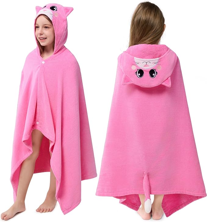 Joiedomi Hooded Towel for Kids Soft 100% Cotton Bath Beach Towel 30" x 50" for Kids 3-8 Years Toddler Pool Poncho with Hood Absorbent Swim Wrap for Boys Girls Pink Cat