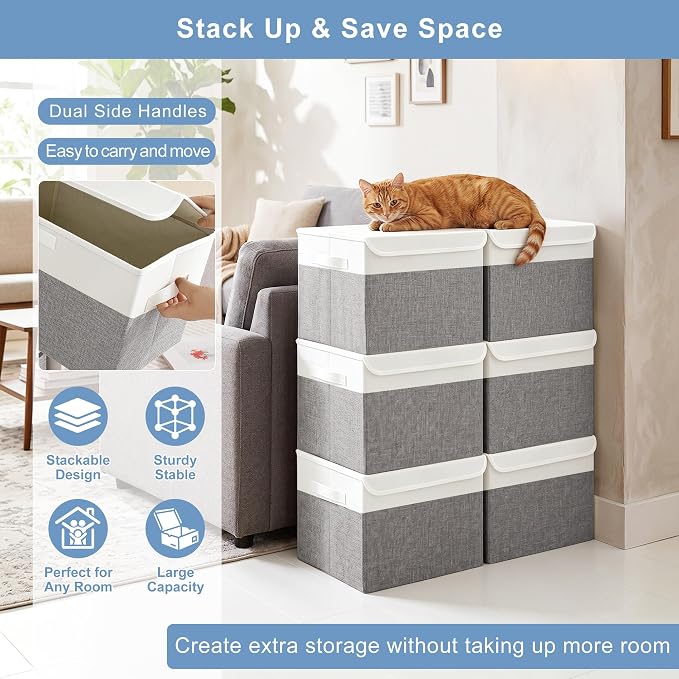 Large 17" 42 Quarts Collapsible Stackable Storage Bins with Lids [3-Pack] Foldable Fabric Linen Storage Boxes Cube, Closet Organizer Baskets with Label (16.7 x 12 x 12, Gray & White)
