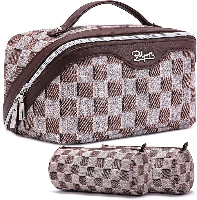 BOYATU Travel Makeup Bag Cosmetic Bags for Women: 3-Piece Makeup Bag Set | | Up to 20 3.4-oz Bottles | 180° Open-Flat Toiletry Organizer for Travel Essentials | Gift-Ready | (D-3-Brown)