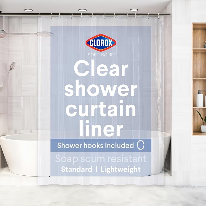 Clorox Shower Curtain Liner & Hooks, Premium Lightweight Flexible Waterproof 4g PEVA for Bathroom with Weighted Magnets, Standard Size 70" x 72", Clear 1 Pack