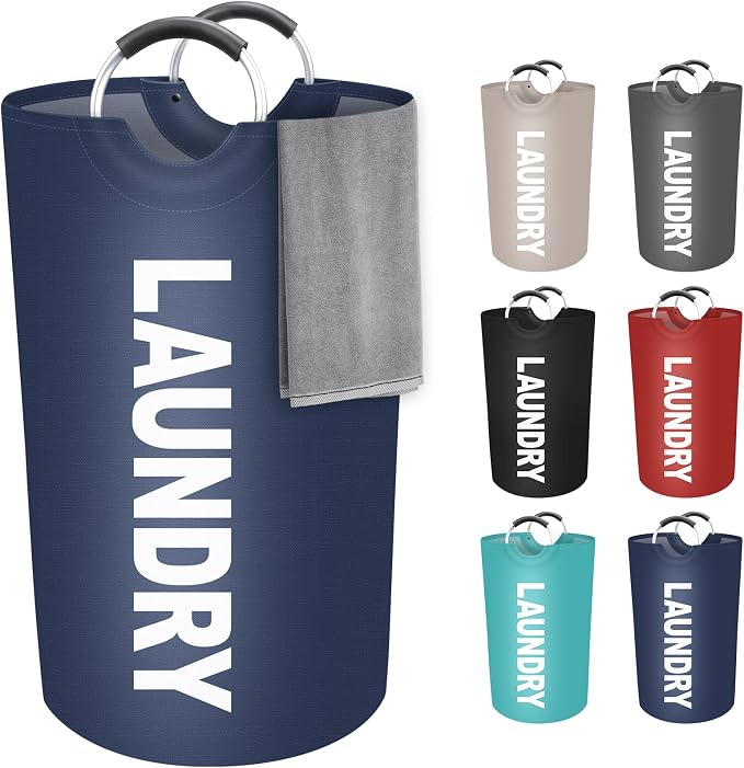90L Large Laundry Basket, Dirty Clothes Waterproof Laundry Hamper, Blue | Collapsible Laundry Basket with Foam Protected Aluminum Handles for Laundry Dorm Family, Black Dirty Clothes Hamper