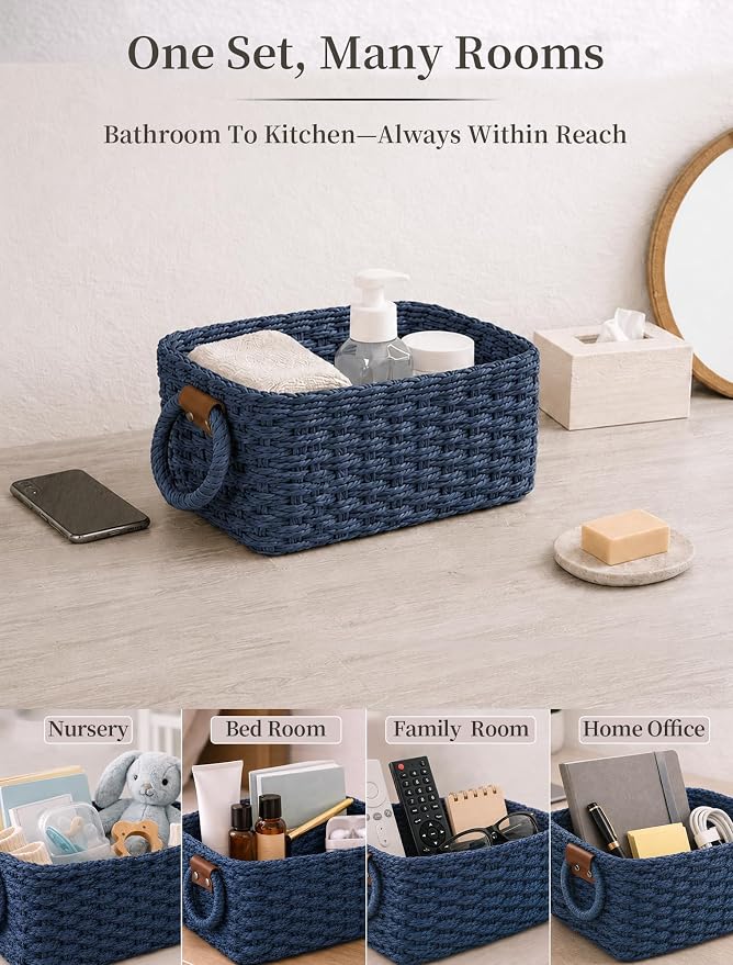 Small Wicker Baskets, 3 PCS Paper Rope Baskets for Shelves, Blue | Recycled Small Baskets, 3 Sizes Woven Baskets for Organizing, Decorative Storage Baskets for Bedroom and Bathroom