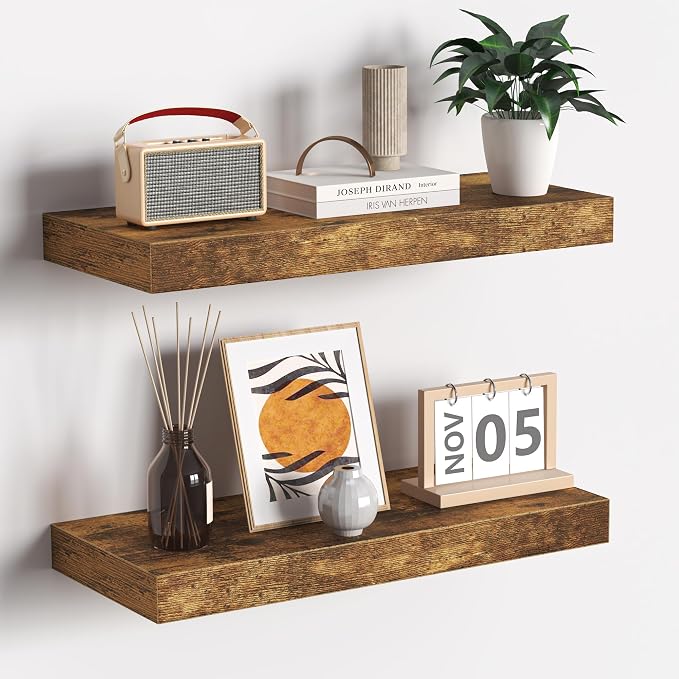 Fun Memories Floating Shelves - 16 Inch Rustic Brown Wall Shelf - Wall Mounted Shelves for Wall Decor Storage - Wooden Shelves with Invisible Brackets for Living Room, Bedroom, Kitchen, 2 Pack