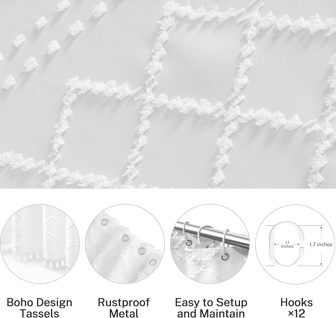 White Boho Shower Curtain Fabric Shower Curtains with Tassel 72 x 72 Modern Textured Shower Curtain Farmhouse Minimalist, Tufted Chevron Striped Shabby Chic, Water Resistant Cloth Curtain for Bathroom