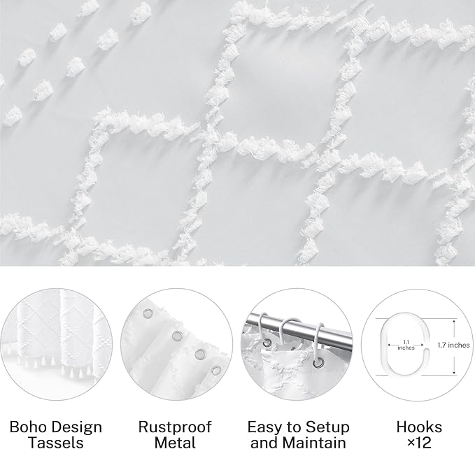 Stall Boho White Woven Fabric Shower Curtain with Tassels 54 x 72 Modern Farmhouse Minimalist Tufted Chevron Striped Shabby Chic Textured, Water Resistant Curtain for Bathroom, Hotel Decor
