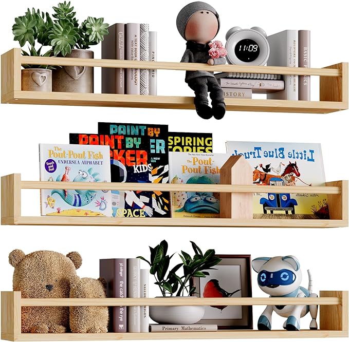 Fixwal Floating Nursery Book Shelves for Wall, 23.6in Set of 3 Natural Wood | Solid wood shelves store kids' books, toys and clothing. Fits kids' room, playroom, nursery, living room, bedroom & bathroom.
