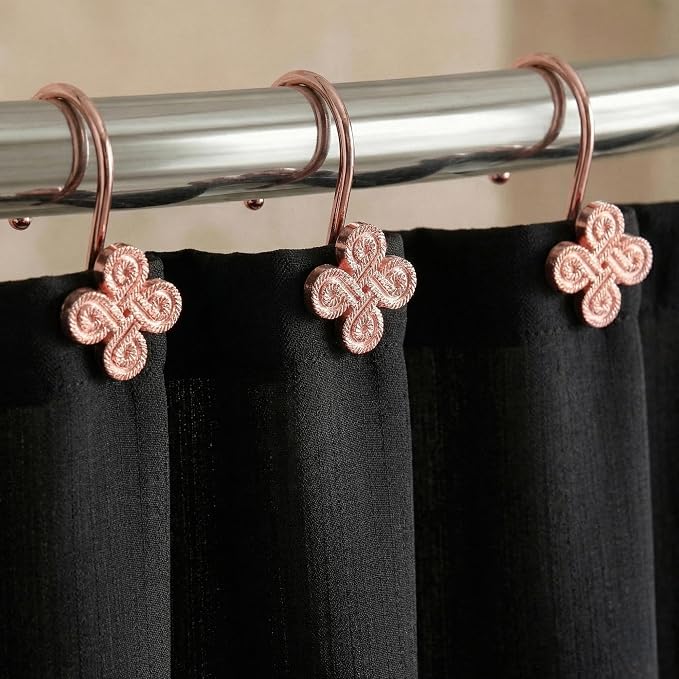 Rose Gold Shower Curtain Hooks: Rust Proof Metal Curtain Rings, 12Pcs | Stylish Clover Knot Decorative Shower Hooks, Elegant Flower Hanging Hangers for Shower Rod, Gift for Modern Bathroom Decor