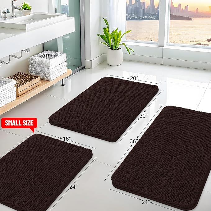 Arotive Bathroom Rugs 24x16, Soft Absorbent Shaggy Chenille Bath Rugs | Brown, Machine Washable Rubber Backing Bath Mats for Bathroom Floor Tub and Shower Home Decor Accessories