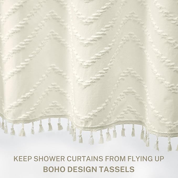 Siiluminisoy Extra Long Cream Shower Curtain with Tassel, Woven Fabric 90 in, Tufted Chevron Striped, 72 x 90, Modern Chic Textured Minimalist Bathroom