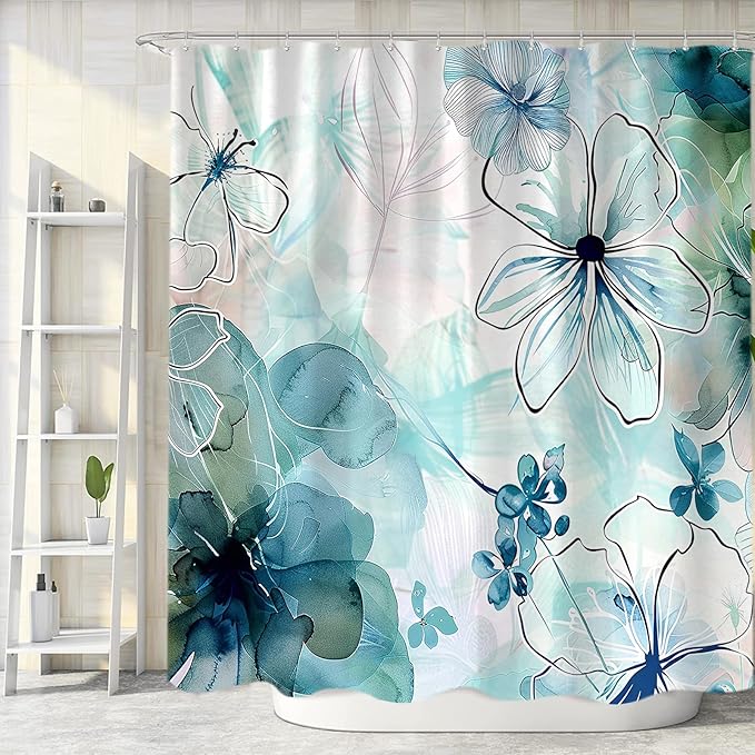 Sanzugh Teal Floral Shower Curtain, Boho Emerald Sage Hunter Olive Green Blue Abstract Flowers Art Cute Fabric Shower Curtains Set for Bathroom Decorative with Hooks 72 X 72 inch Spring Bath Decor