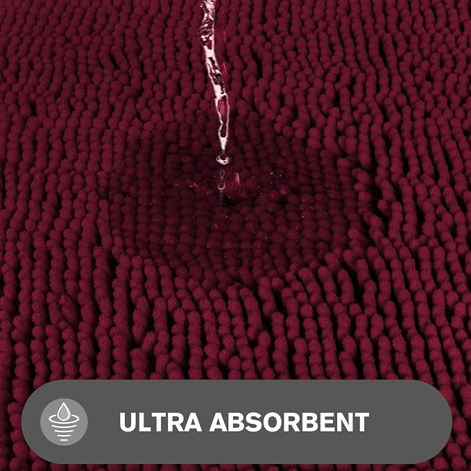 Vivid Burgundy Bathroom Rugs – Absorbent and Washable Bath Mat, Non-Slip, Thick Soft Chenille Bath Rugs for Bathroom Floor, Shower, Sink - 20" x 32"