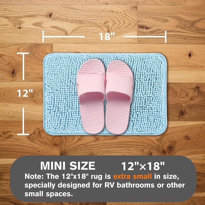 Small Bathroom Rug 12"x18" – Washable and Absorbent Bath Mat, Non Slip, Thick Soft Chenille Bath Rugs for Bathroom, Shower, Sink, Dog mat(Light Blue)