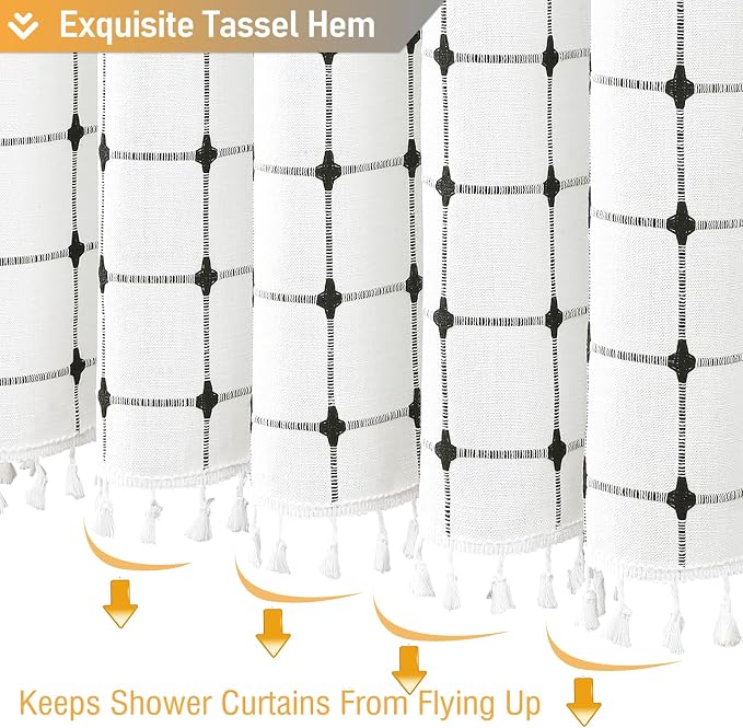 White and Black Boho Farmhouse Linen Heavy Duty Shower Curtain, 72x72 | 330GSM Linen Blend, Classic Plaid, 3-side Tassels, Water Repellent Fabric, 12 Plastic Hook, Rustic Bohemian, Machine Washable