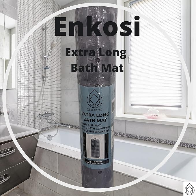ENKOSI Non-Slip Bath & Shower Mat 40x16 Extra Long, Suction & Drain Holes | Clear Gray look; Durable PVC; 40x16 in, Clear Gray