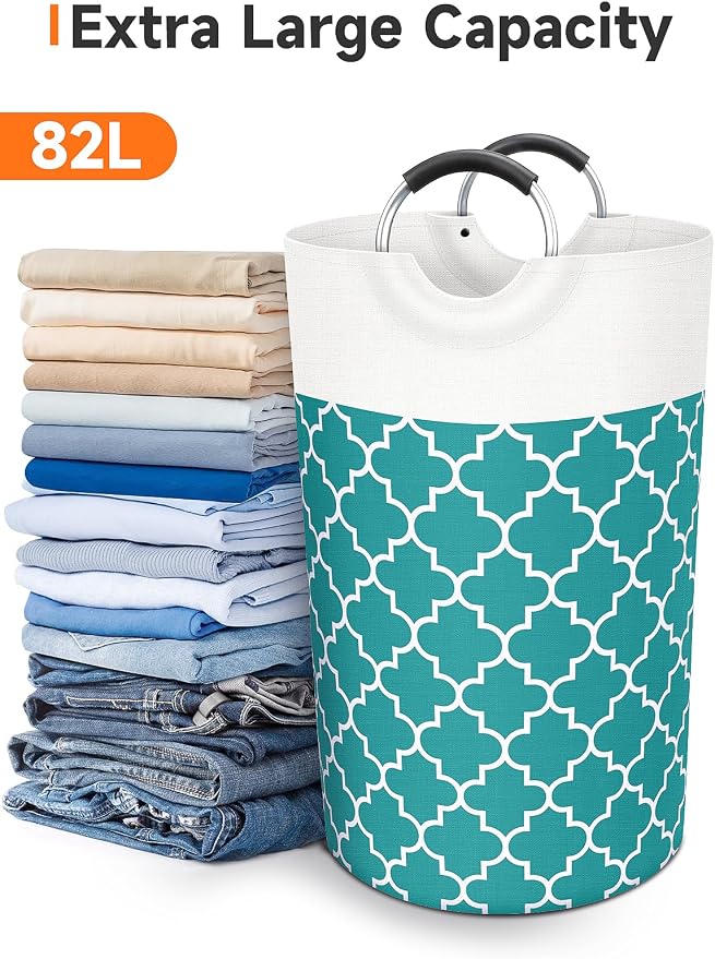 Large Laundry Basket, 82L Tall Collapsible Hamper with Handles, Green | Freestanding Laundry Hamper, Waterproof Dirty Clothes Storage Bag for College, Bathroom, Foldable Washing Bin for Travel