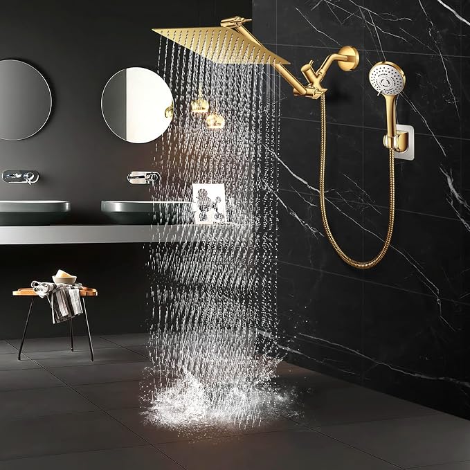 10" Gold Shower Head with Handheld, 5 Spray Handheld with 11" Extension Arm | High Pressure Rainfall Shower Head/Handheld Shower Combo with Adjustable Arm, 60" Hose Anti-leak (Gold)
