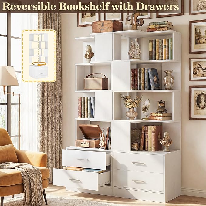 Corner Book Shelf with Drawers, Small Corner Shelf with Drawers | L Shaped BookShelf 6-tier Bookcase for Bedroom Storage, Living Room, Home Office, Kitchen Pantry, White