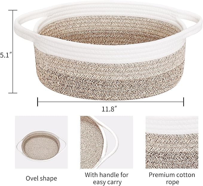 ABenkle Small Basket with Handles, Boho Decorative Rope Woven Dog Cat Toy Storage Bin Shelf Storage Organizer, Easter Christmas Gift Basket, 12"x8"x5"