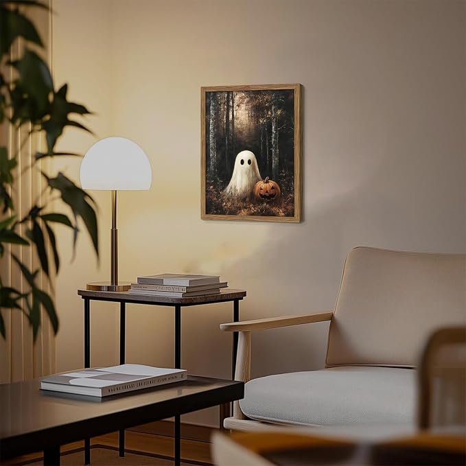 Framed Vintage Halloween Ghost Wall Art, Cute Ghost with Pumpkin Lantern Canvas Print, Retro Dark Halloween Forest Poster, Whimsical Wall Decor for Living Room Bedroom Hallway, 8x10in